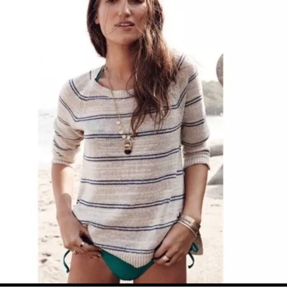 Madewell Cabin Stripe Natural & Navy Linen Silk Sweater Size M - Picture 2 of 12